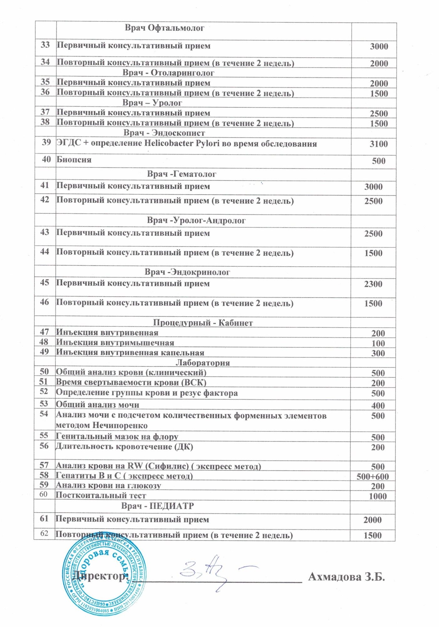 Тарифы на платные медицинские услуги ООО ЛДК «Здоровая семья», лист 2